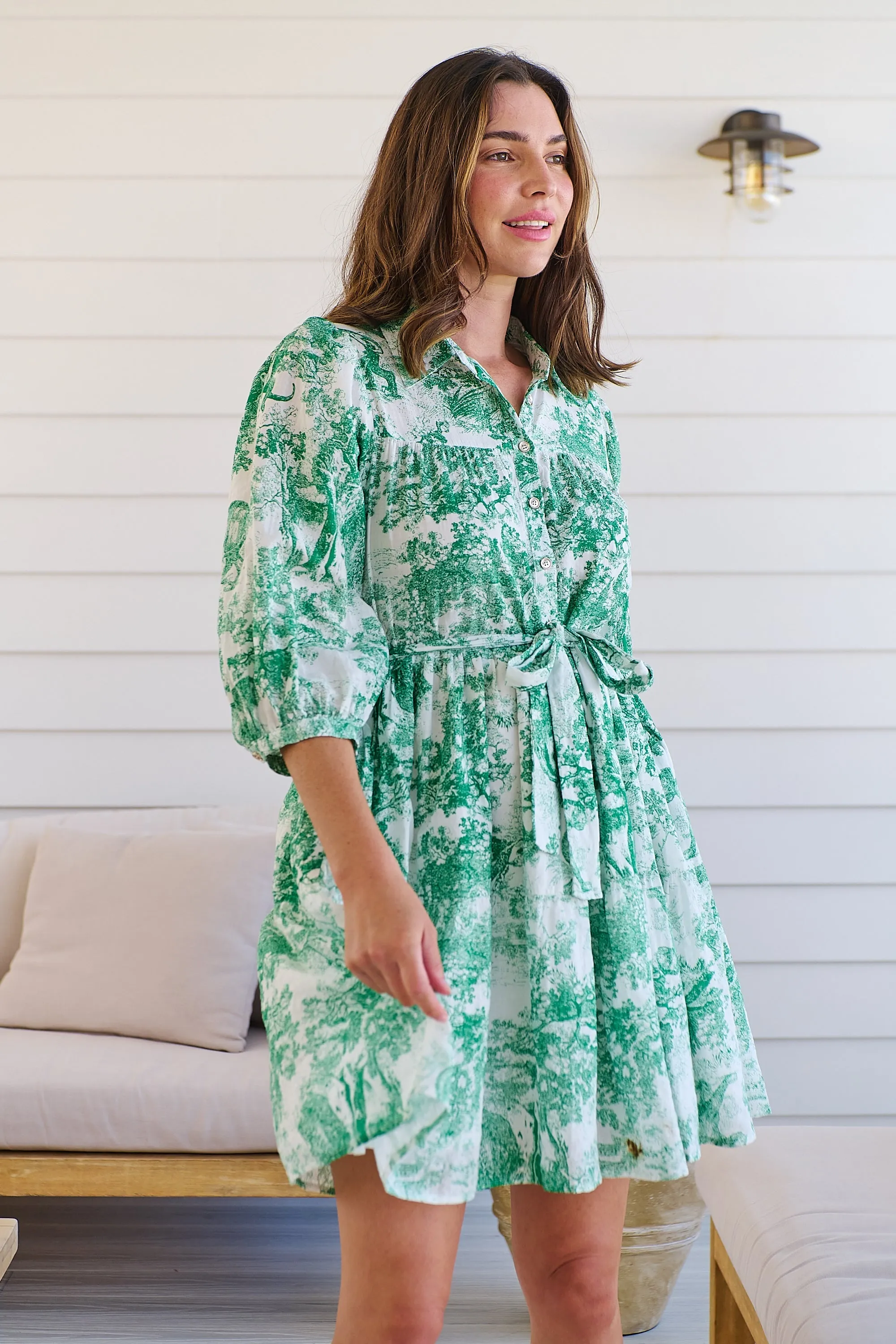 Gabrielle 3/4 Sleeve White/Green Print Collared Dress