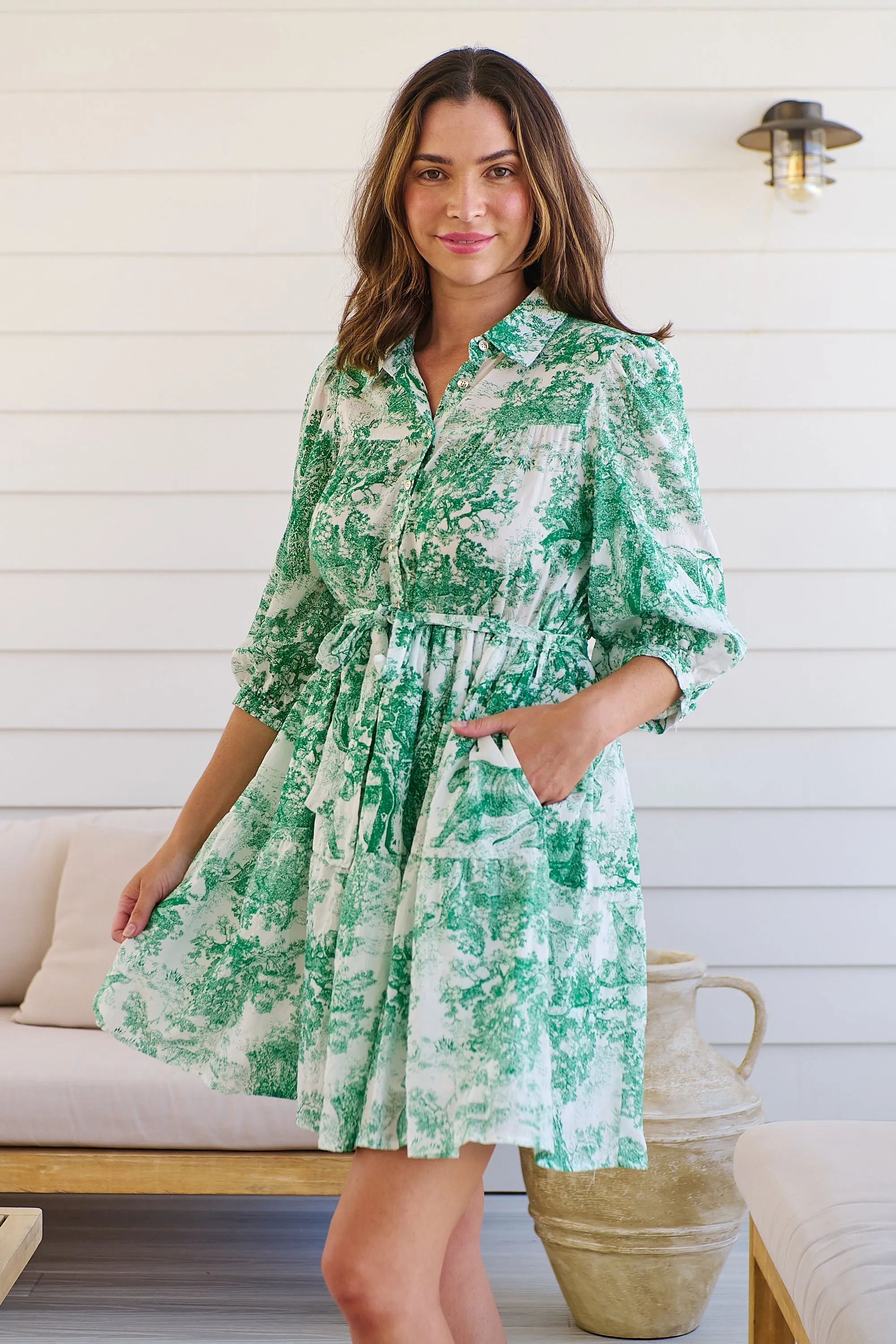 Gabrielle 3/4 Sleeve White/Green Print Collared Dress