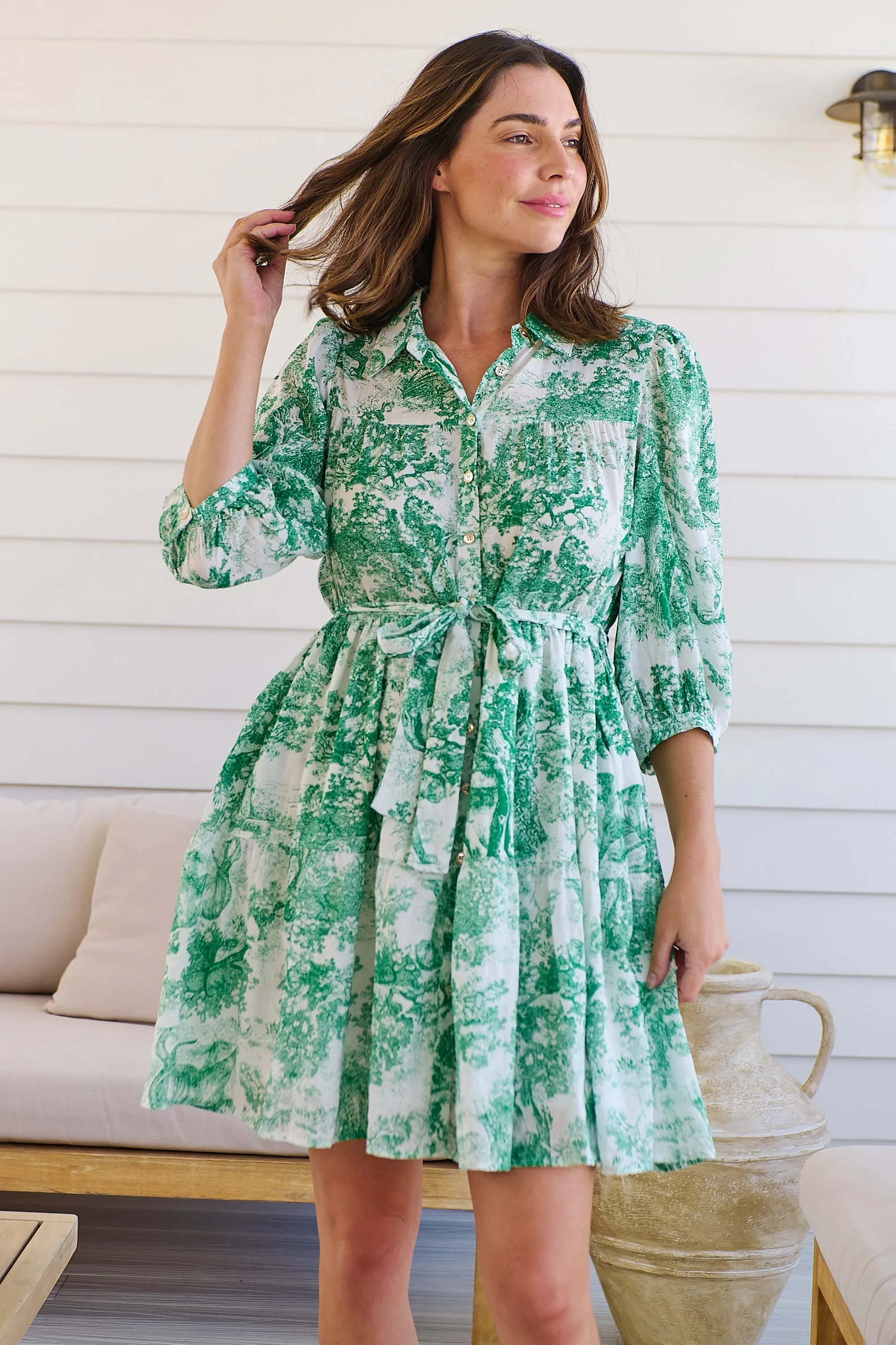 Gabrielle 3/4 Sleeve White/Green Print Collared Dress