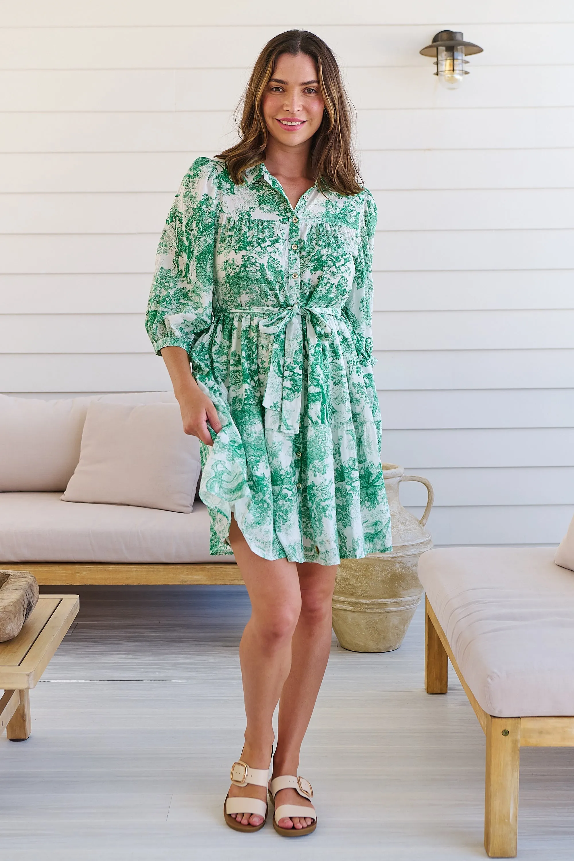 Gabrielle 3/4 Sleeve White/Green Print Collared Dress