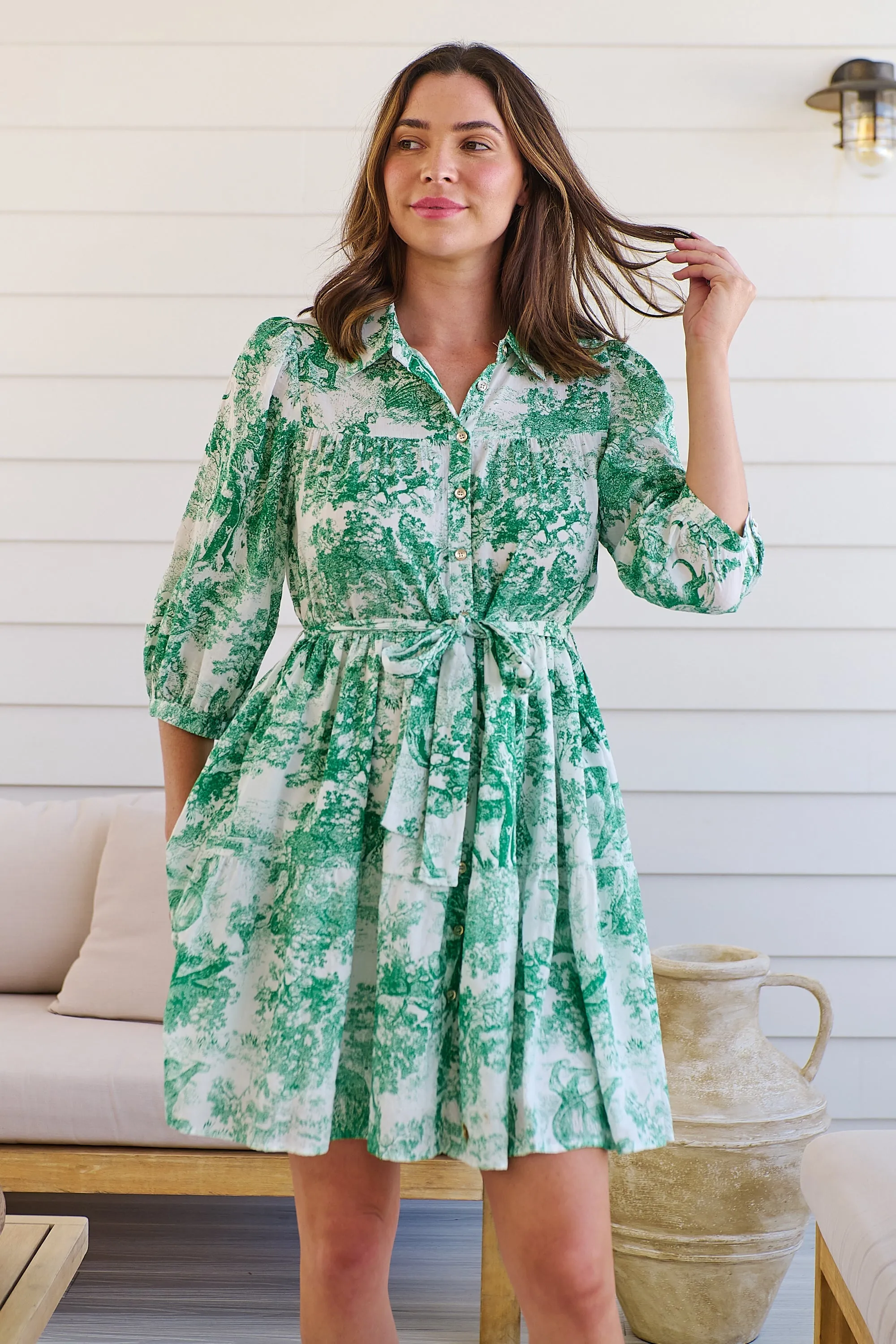 Gabrielle 3/4 Sleeve White/Green Print Collared Dress