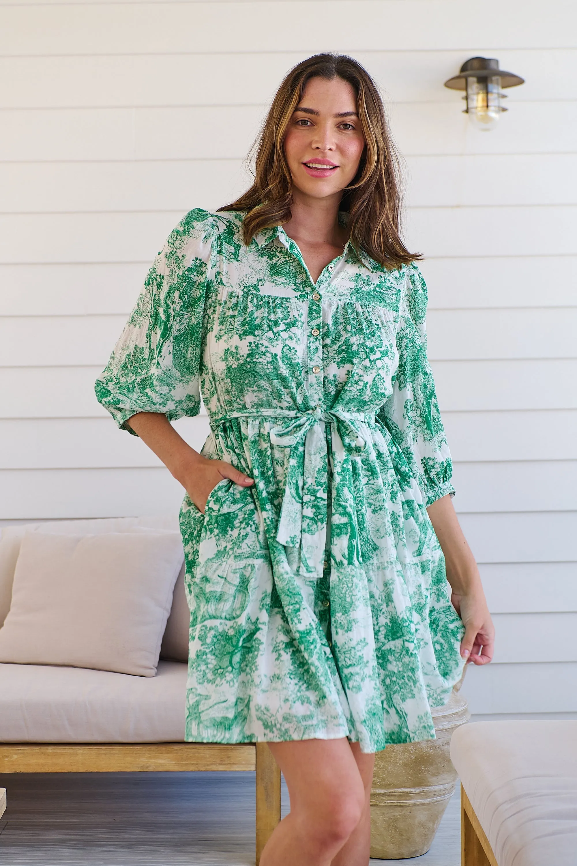 Gabrielle 3/4 Sleeve White/Green Print Collared Dress