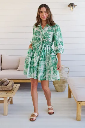 Gabrielle 3/4 Sleeve White/Green Print Collared Dress