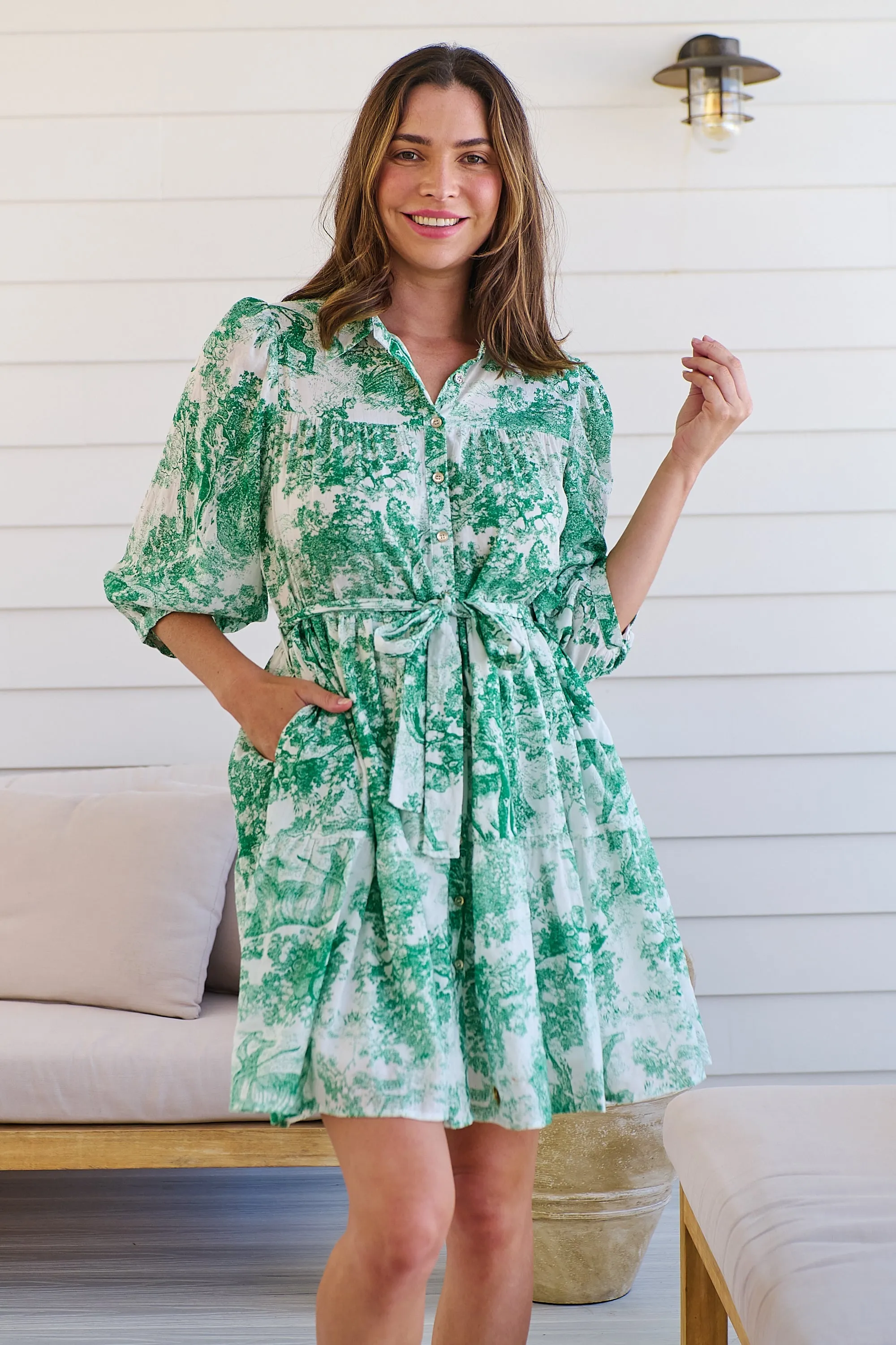 Gabrielle 3/4 Sleeve White/Green Print Collared Dress