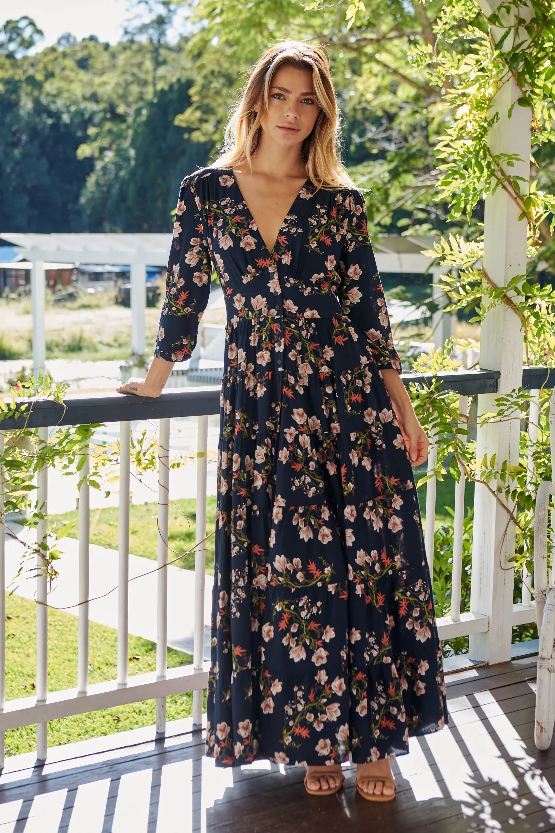 Gemma Navy/Pink Floral Button Front Dress