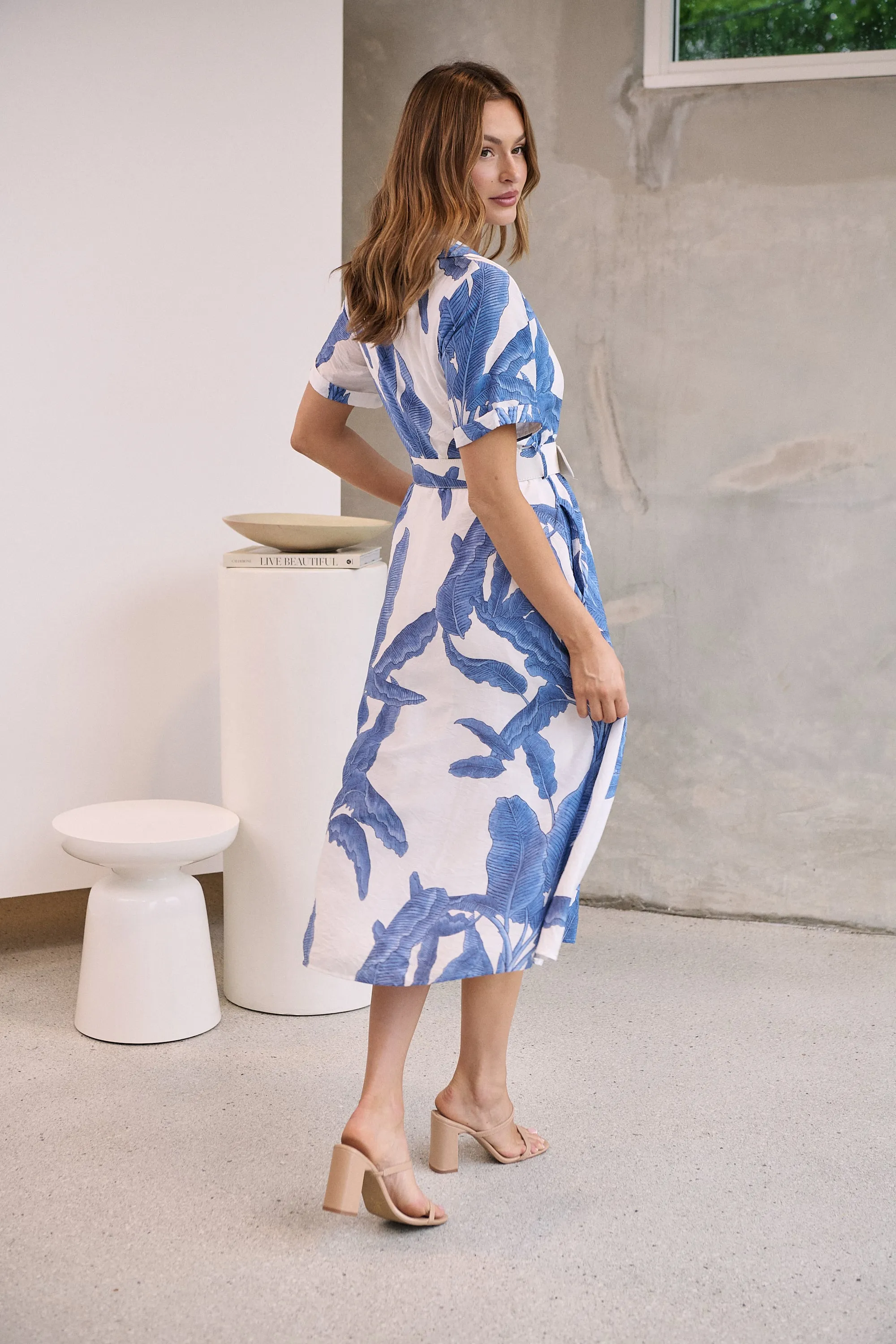 Gianna Leaf Blue/White Palm Print Button Front Belted Midi Dress