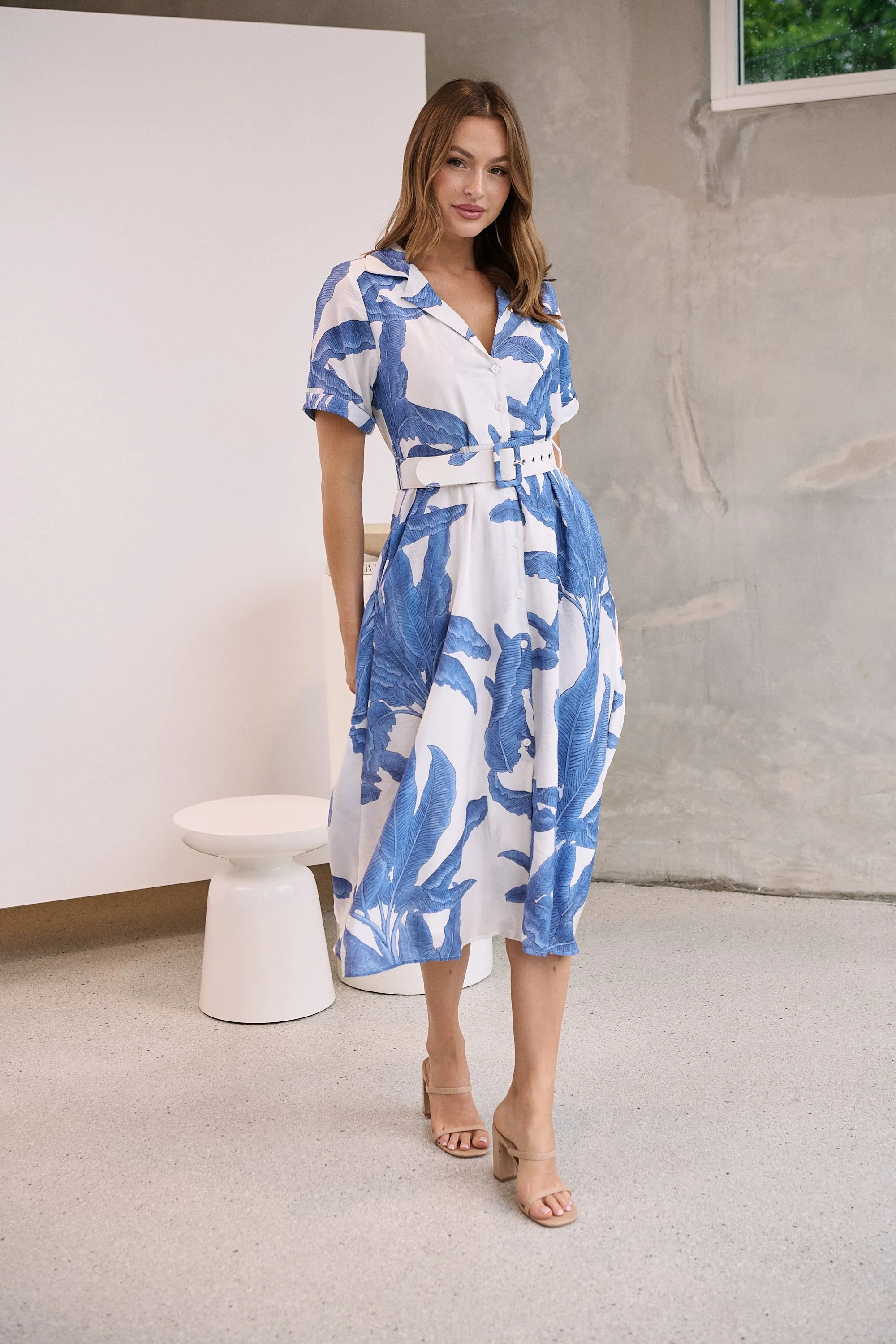 Gianna Leaf Blue/White Palm Print Button Front Belted Midi Dress