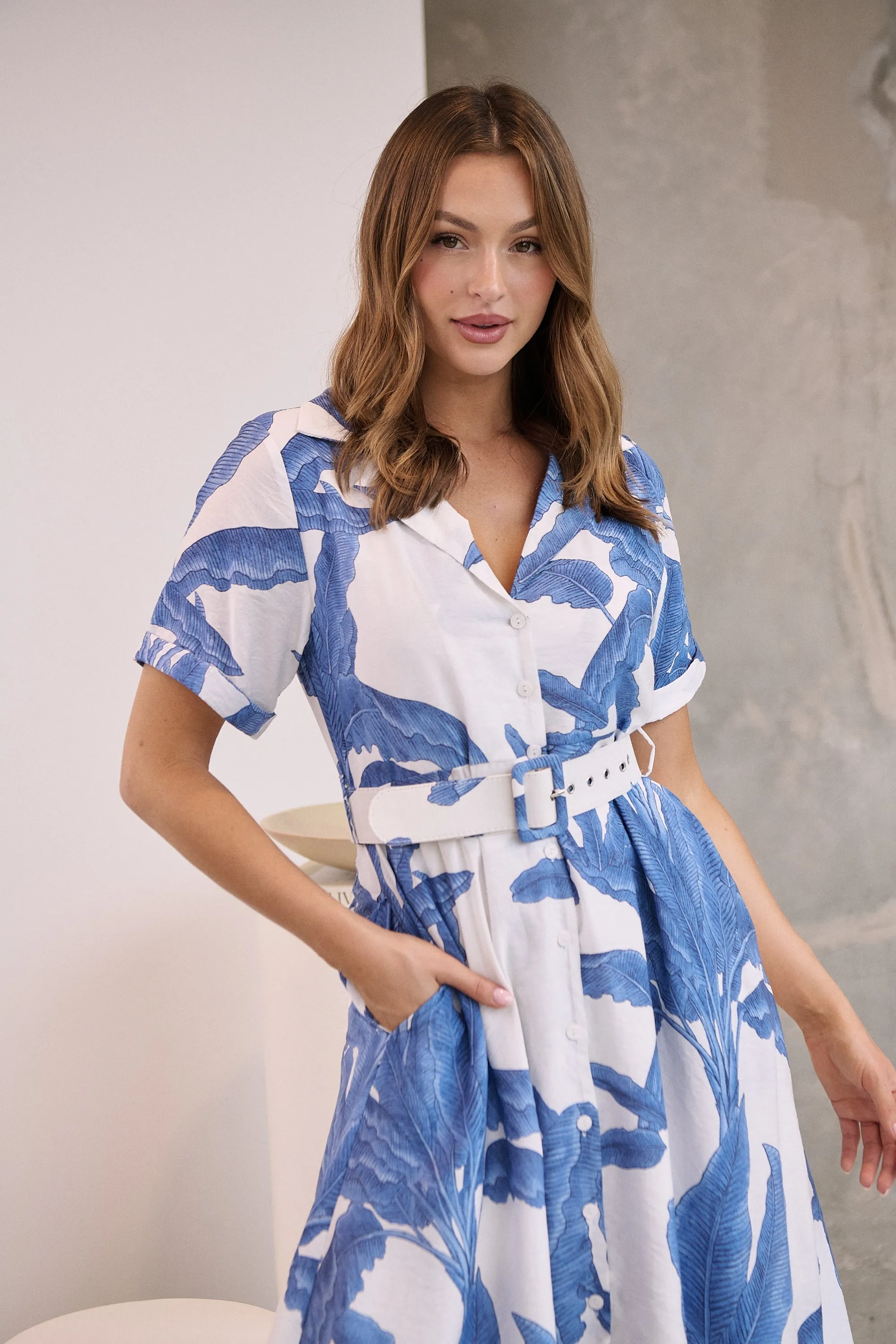 Gianna Leaf Blue/White Palm Print Button Front Belted Midi Dress