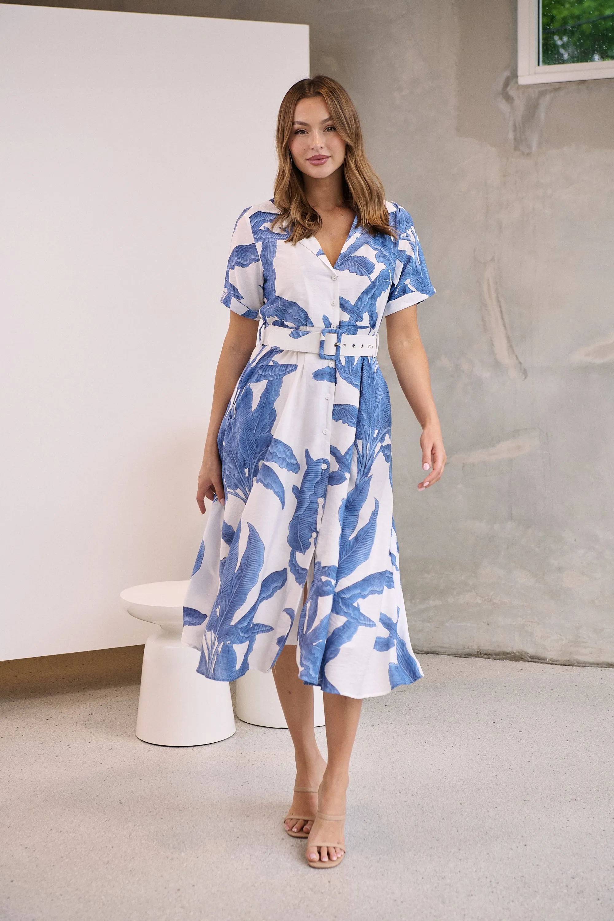 Gianna Leaf Blue/White Palm Print Button Front Belted Midi Dress