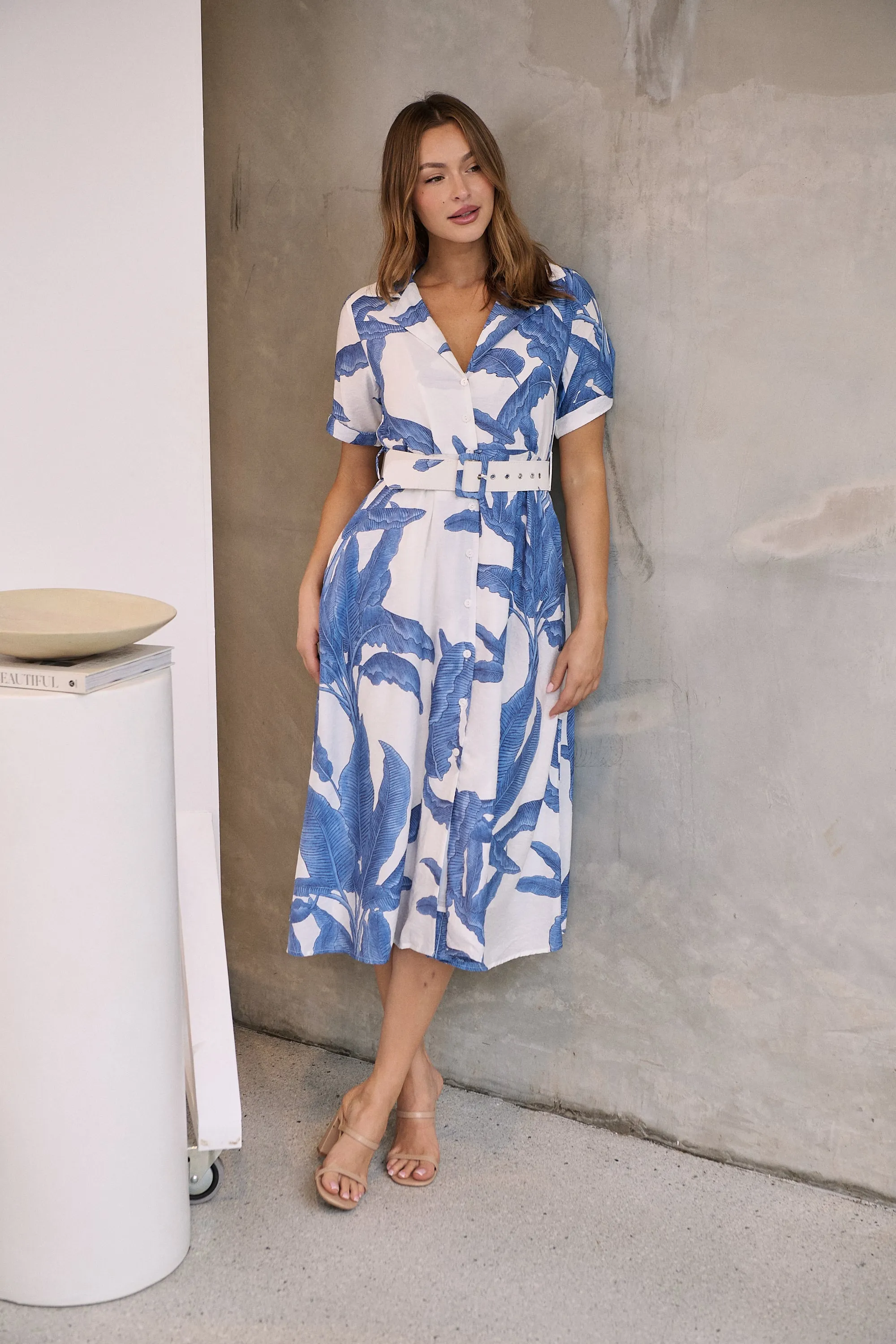 Gianna Leaf Blue/White Palm Print Button Front Belted Midi Dress