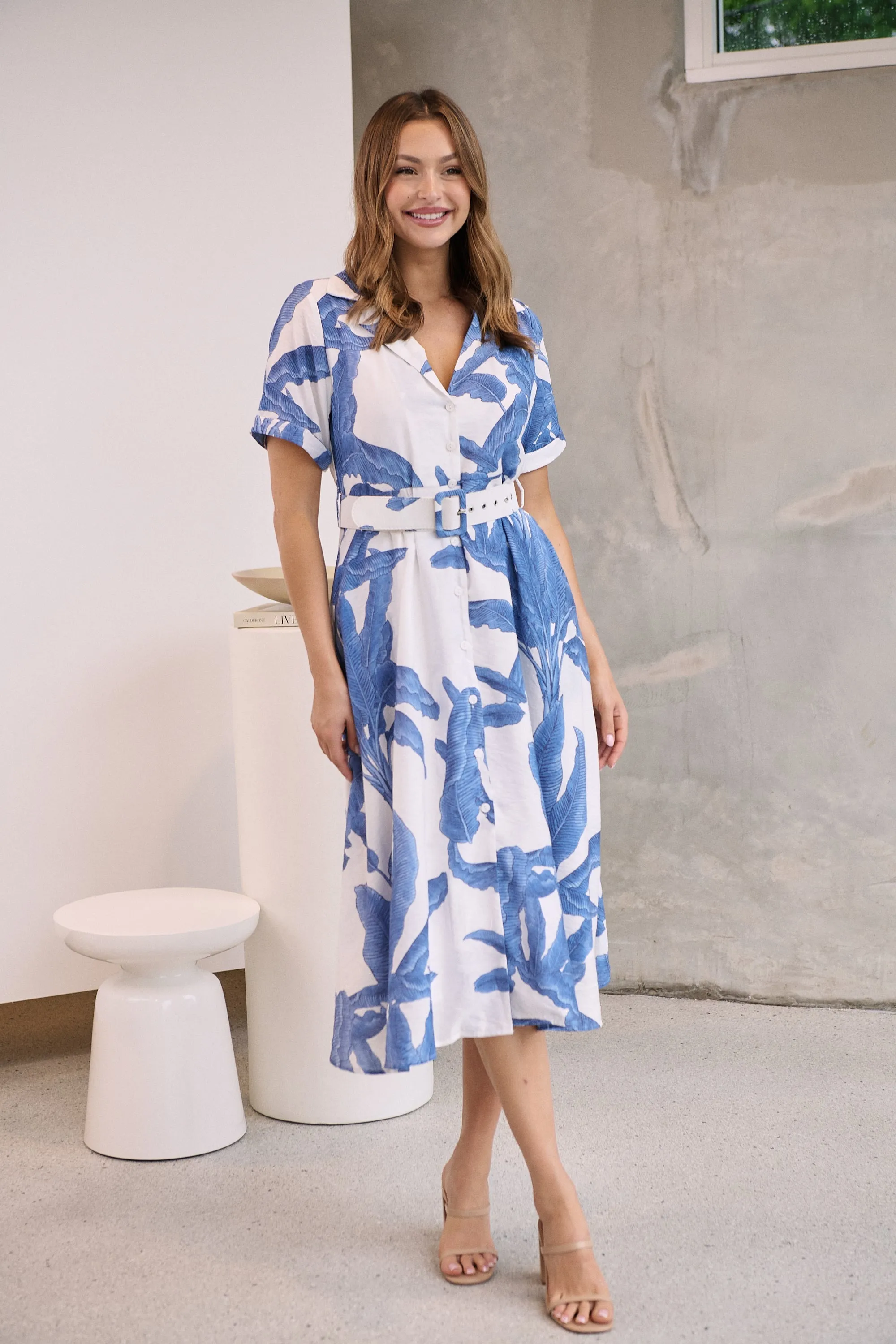 Gianna Leaf Blue/White Palm Print Button Front Belted Midi Dress