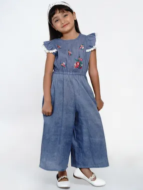 Girls Blue & White Solid Basic Jumpsuit