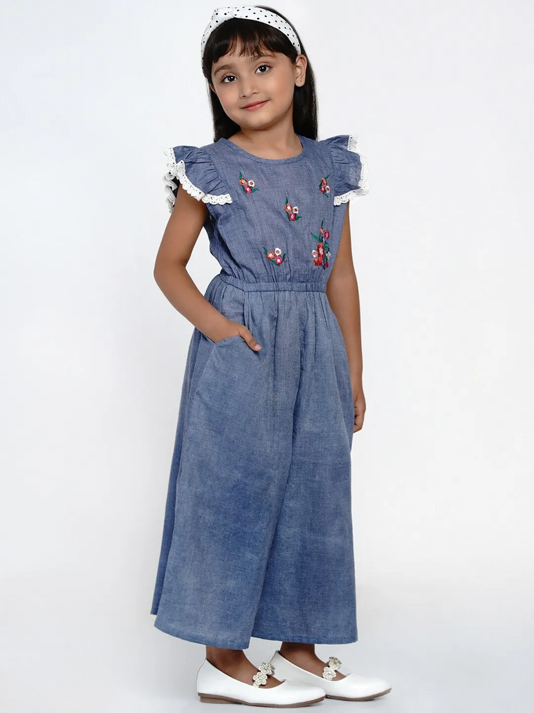 Girls Blue & White Solid Basic Jumpsuit