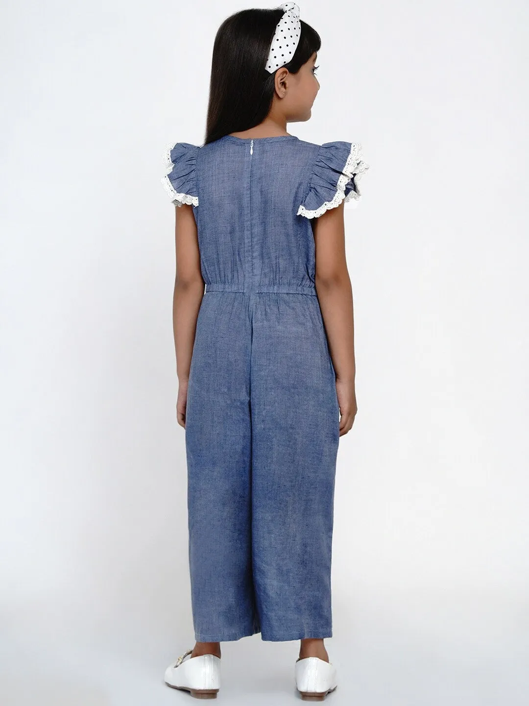 Girls Blue & White Solid Basic Jumpsuit