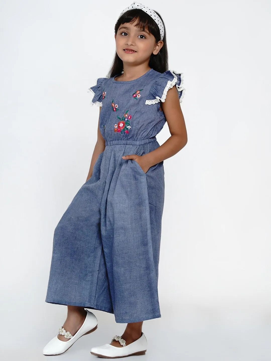 Girls Blue & White Solid Basic Jumpsuit