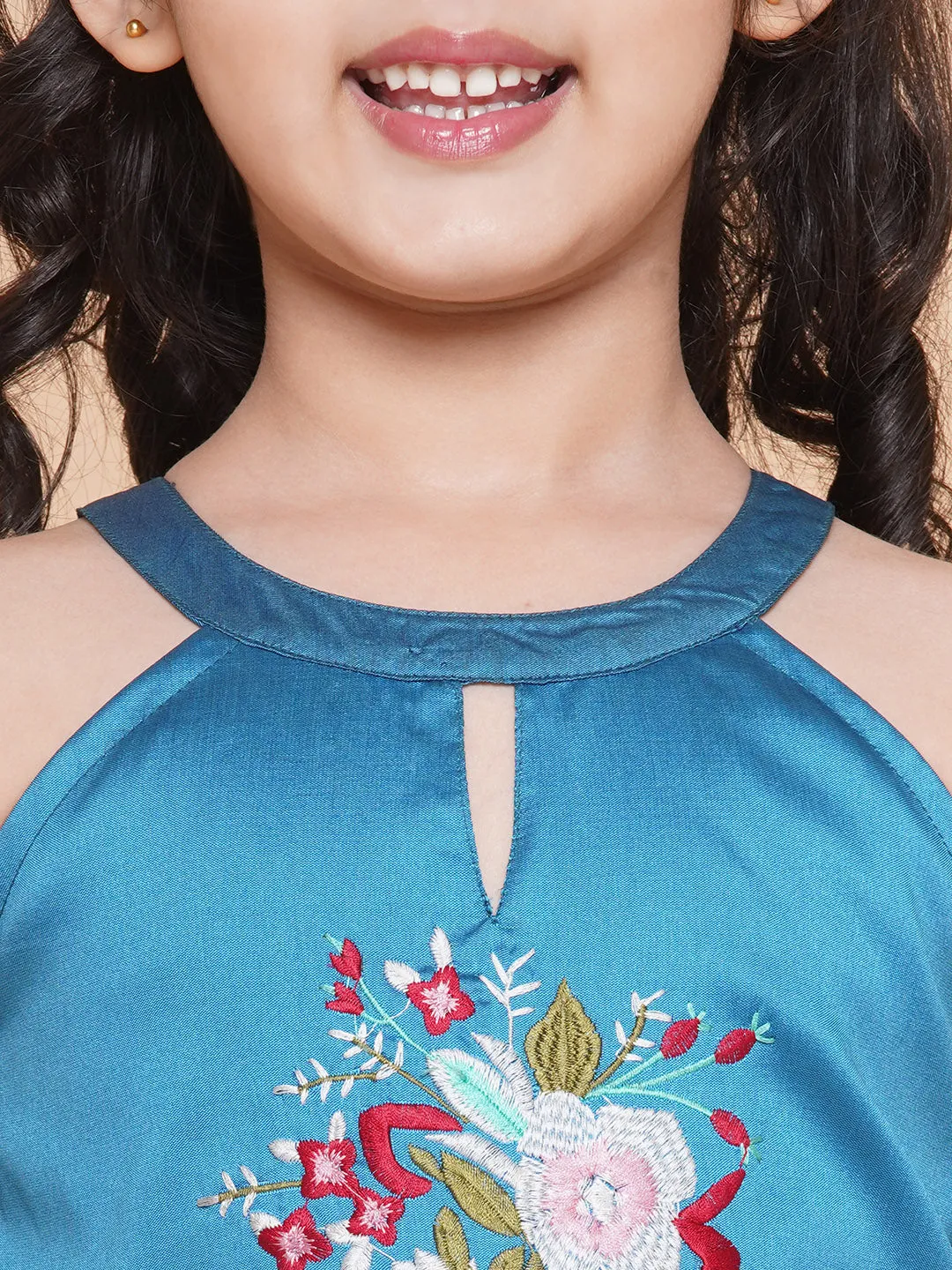 Girls Blue Embroiderd Flower Fit & Flared Maxi Dress.