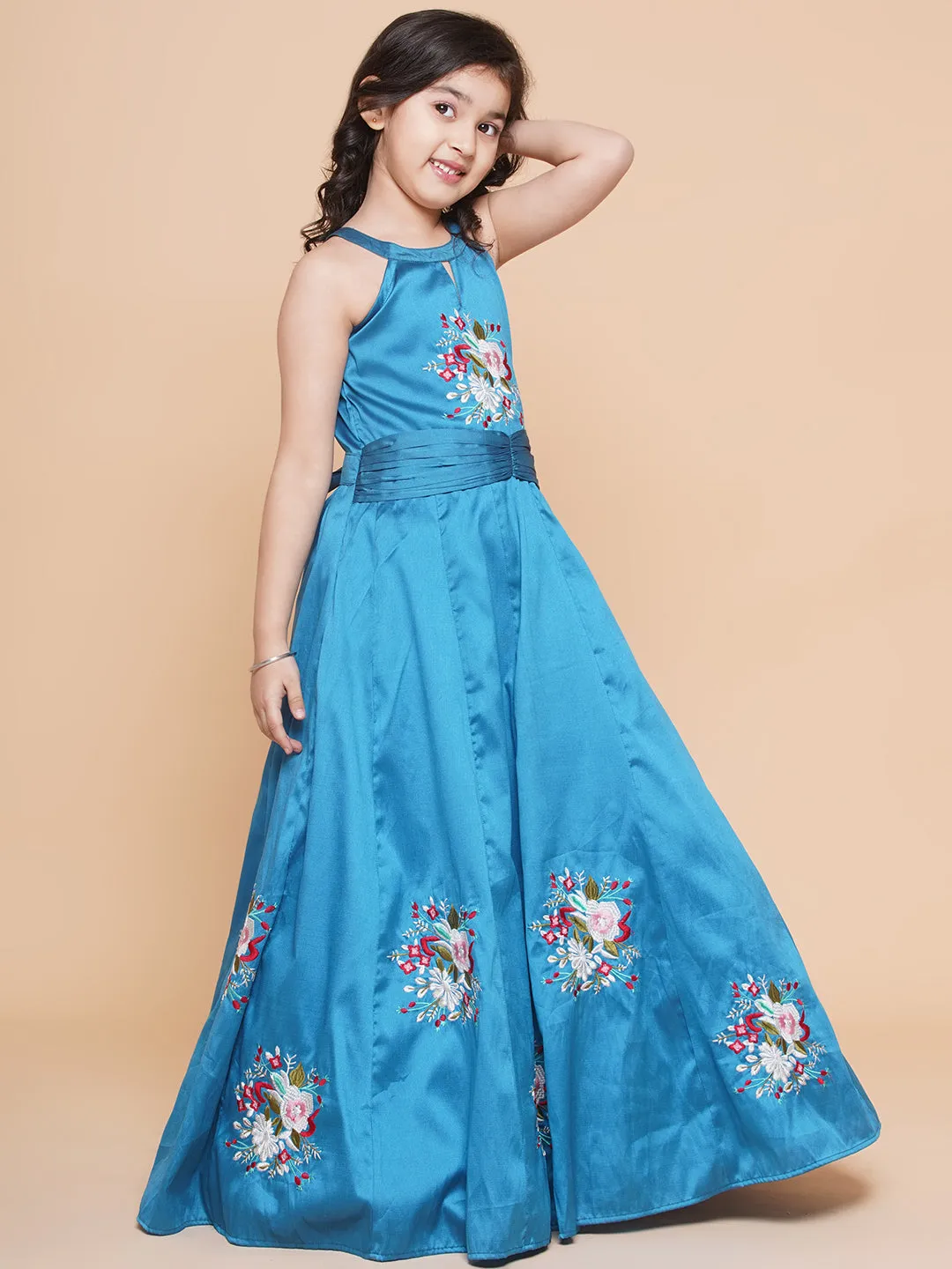 Girls Blue Embroiderd Flower Fit & Flared Maxi Dress.