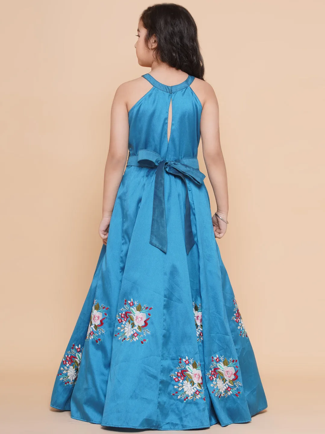 Girls Blue Embroiderd Flower Fit & Flared Maxi Dress.