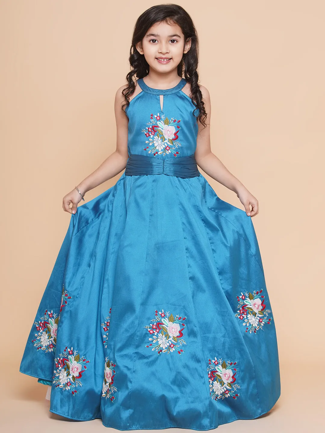 Girls Blue Embroiderd Flower Fit & Flared Maxi Dress.