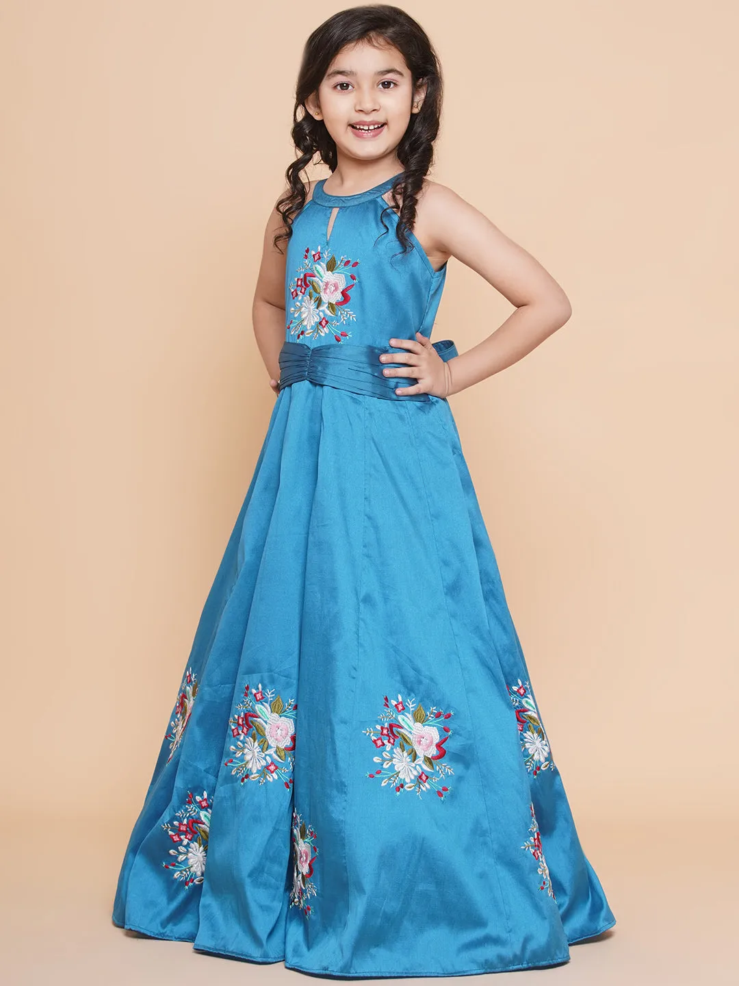 Girls Blue Embroiderd Flower Fit & Flared Maxi Dress.