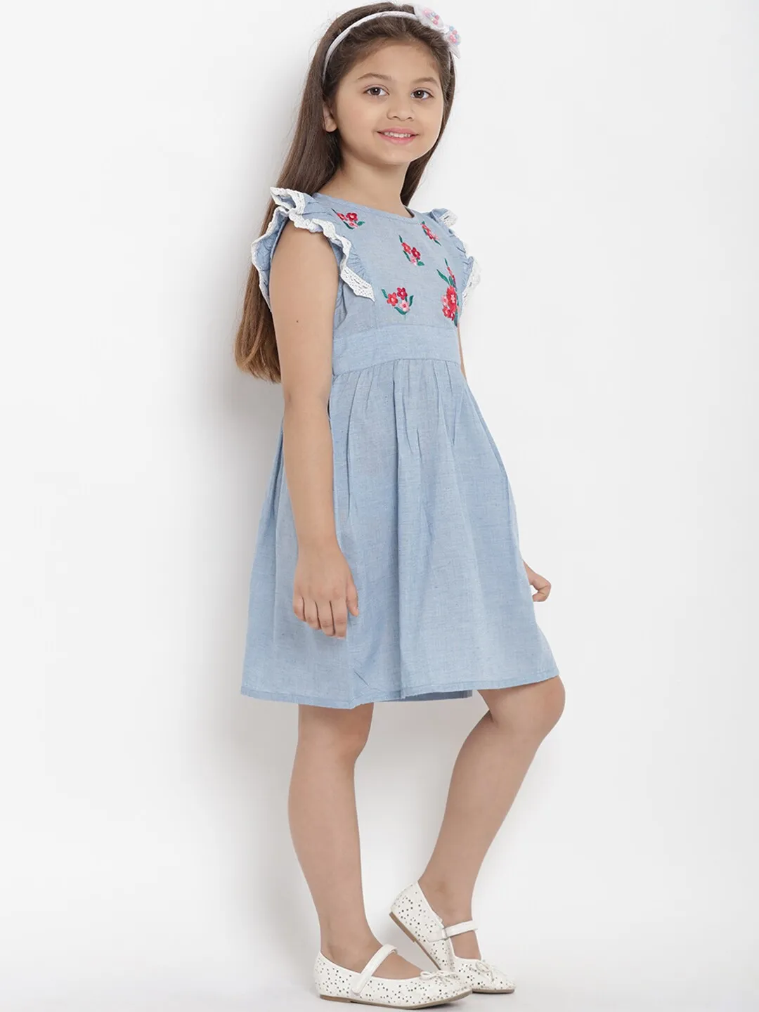 Girl's Blue Solid Fit And Flare Dress  - NOZ2TOZ KIDS