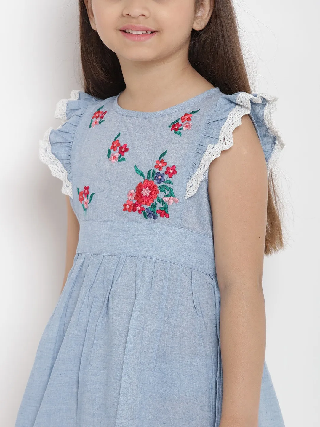 Girl's Blue Solid Fit And Flare Dress  - NOZ2TOZ KIDS