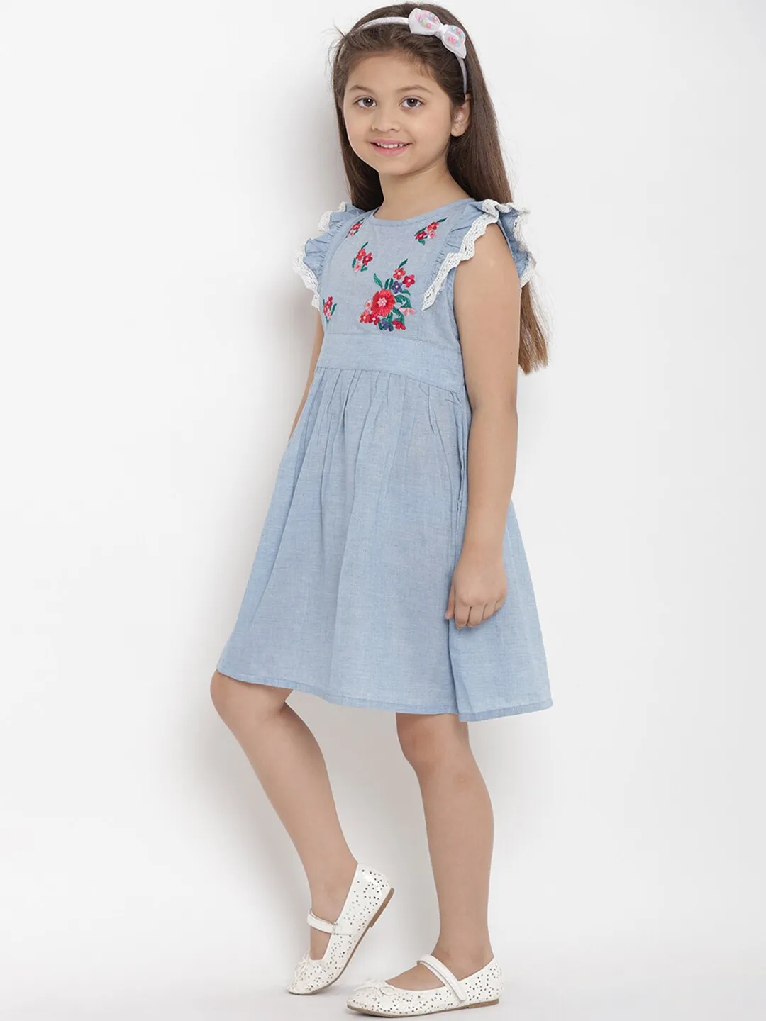 Girl's Blue Solid Fit And Flare Dress  - NOZ2TOZ KIDS