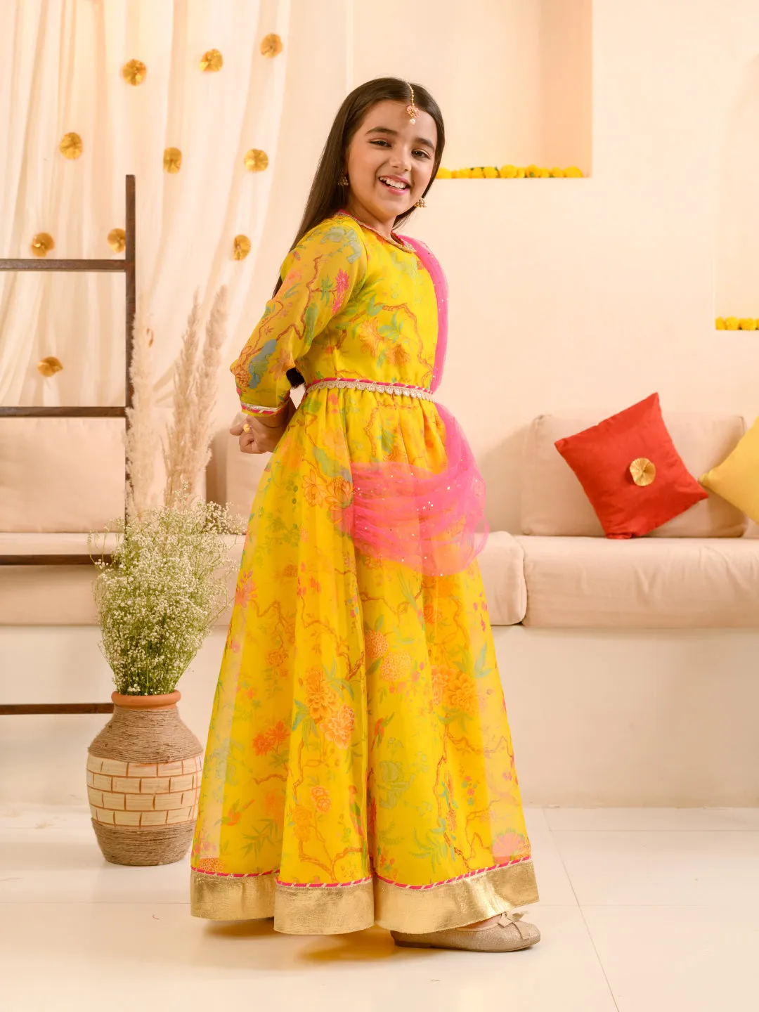 Girls Printed Fit Flare Maxi Ethnic Dress With Dupatta Waist Belt - Ps Peaches