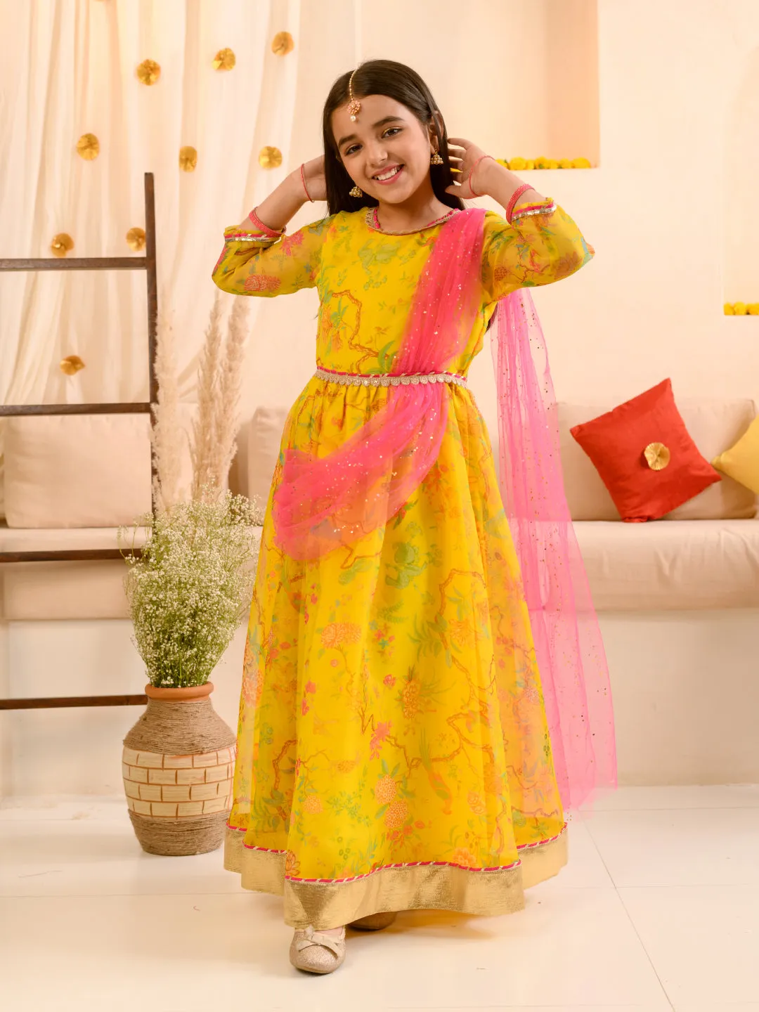 Girls Printed Fit Flare Maxi Ethnic Dress With Dupatta Waist Belt - Ps Peaches