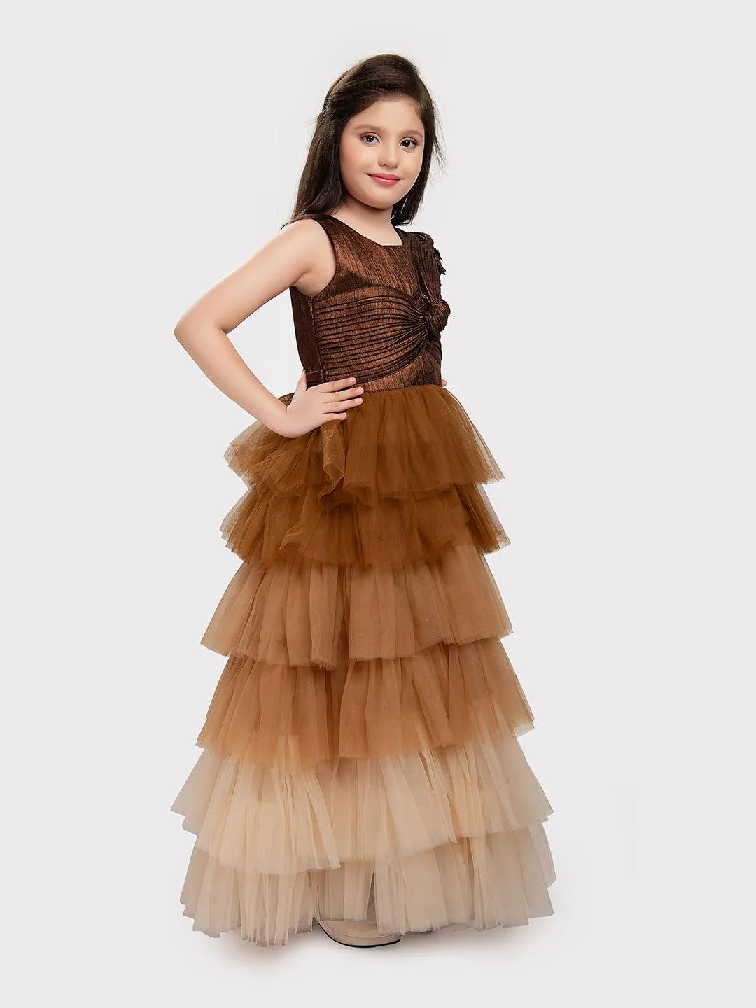 Gold Coloured Trendy Wire Style Unique Imported Net Frill Ethnic Gown For Girls