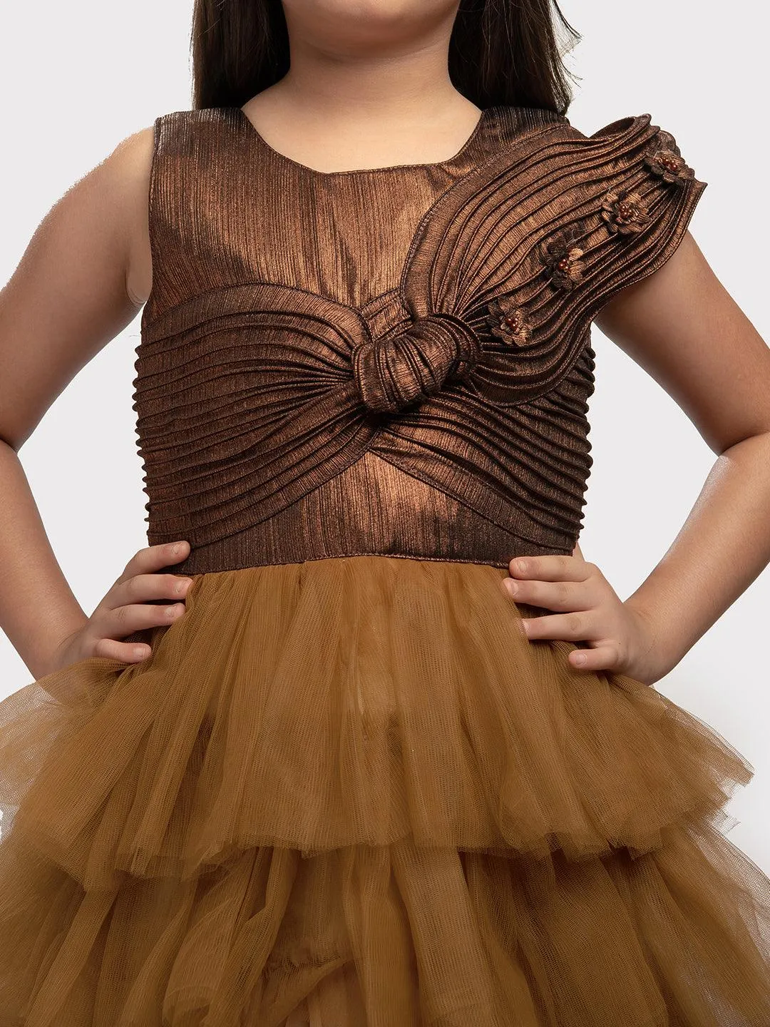 Gold Coloured Trendy Wire Style Unique Imported Net Frill Ethnic Gown For Girls