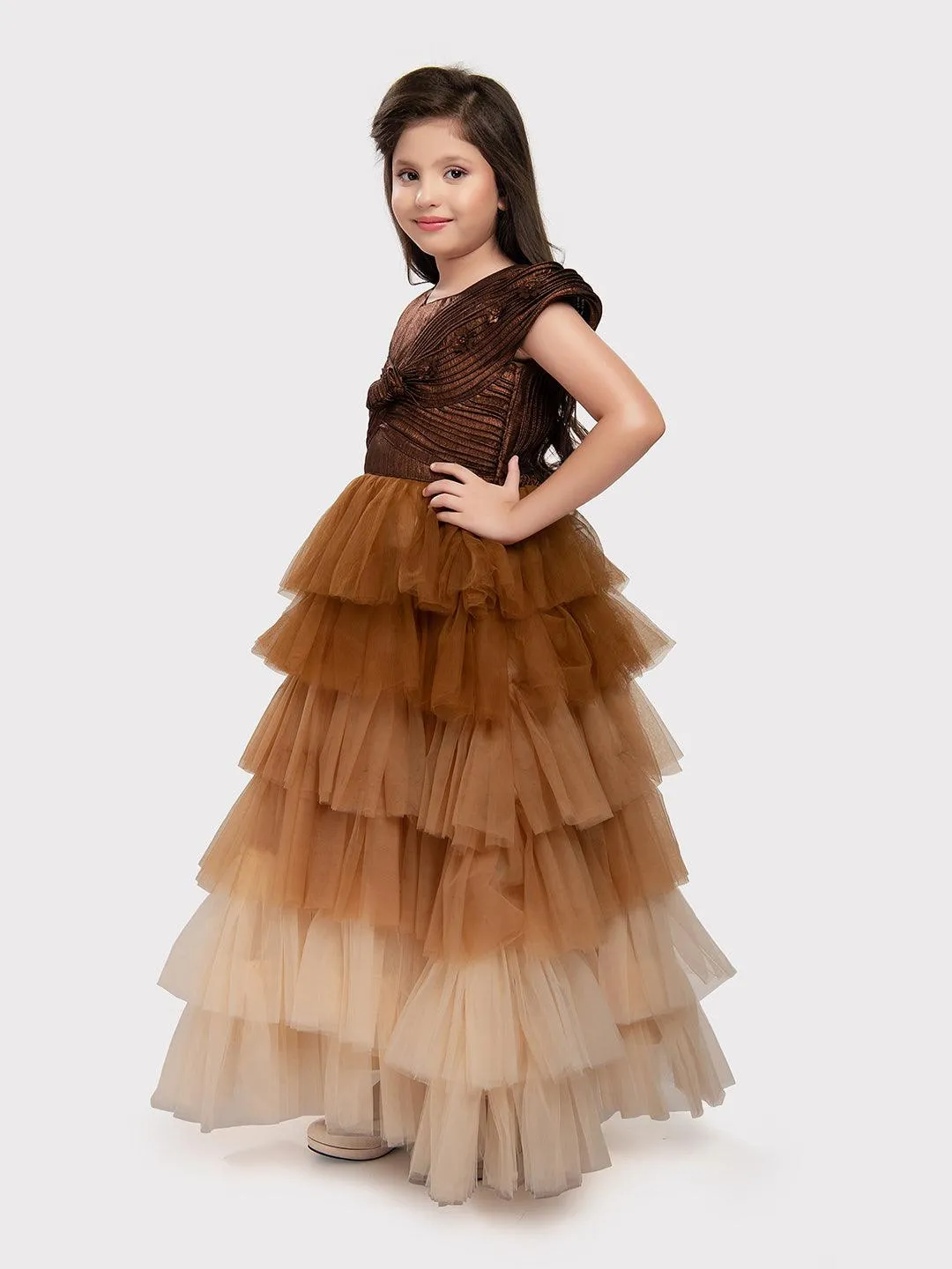 Gold Coloured Trendy Wire Style Unique Imported Net Frill Ethnic Gown For Girls