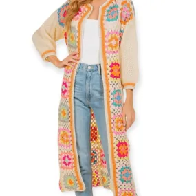 Gold Trim Floral Crochet Long Cardigan Duster