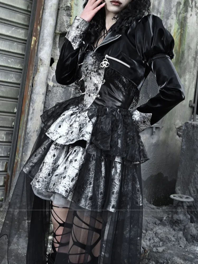 Gothic Punk Cropped Leather Jacket with Puff Shoulders and Lace Trim