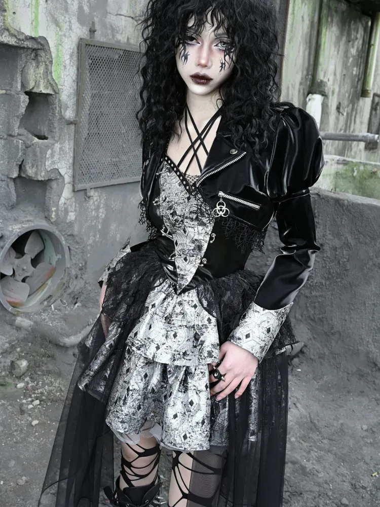 Gothic Punk Cropped Leather Jacket with Puff Shoulders and Lace Trim