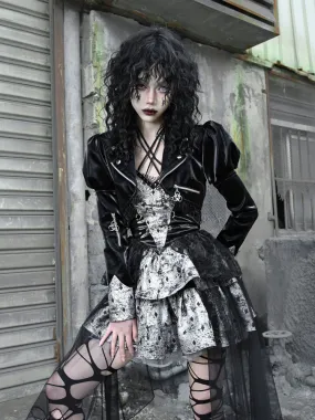 Gothic Punk Cropped Leather Jacket with Puff Shoulders and Lace Trim