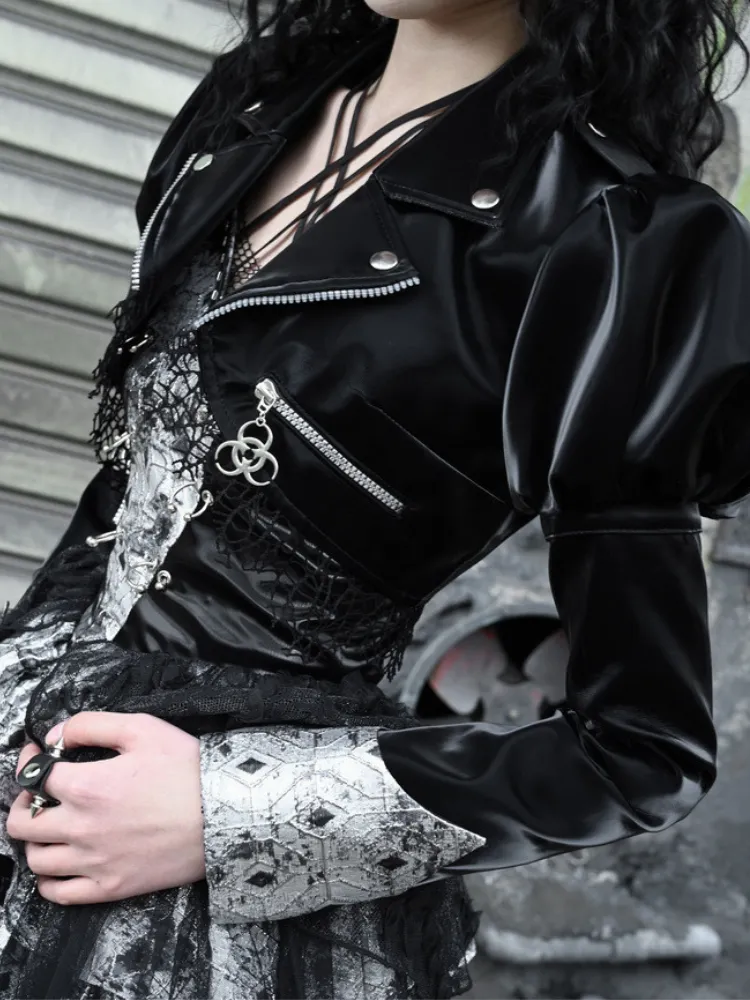 Gothic Punk Cropped Leather Jacket with Puff Shoulders and Lace Trim