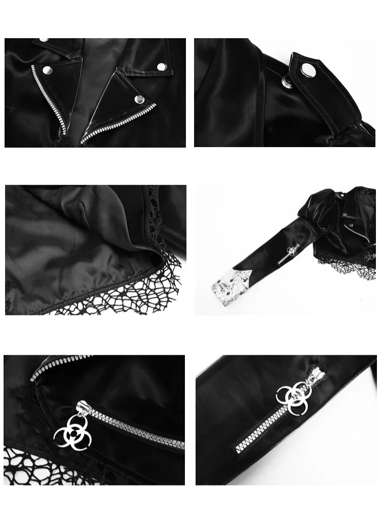 Gothic Punk Cropped Leather Jacket with Puff Shoulders and Lace Trim