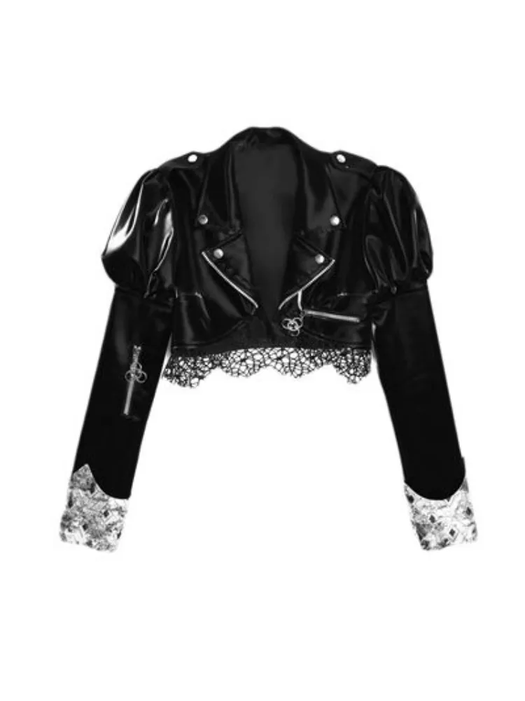 Gothic Punk Cropped Leather Jacket with Puff Shoulders and Lace Trim