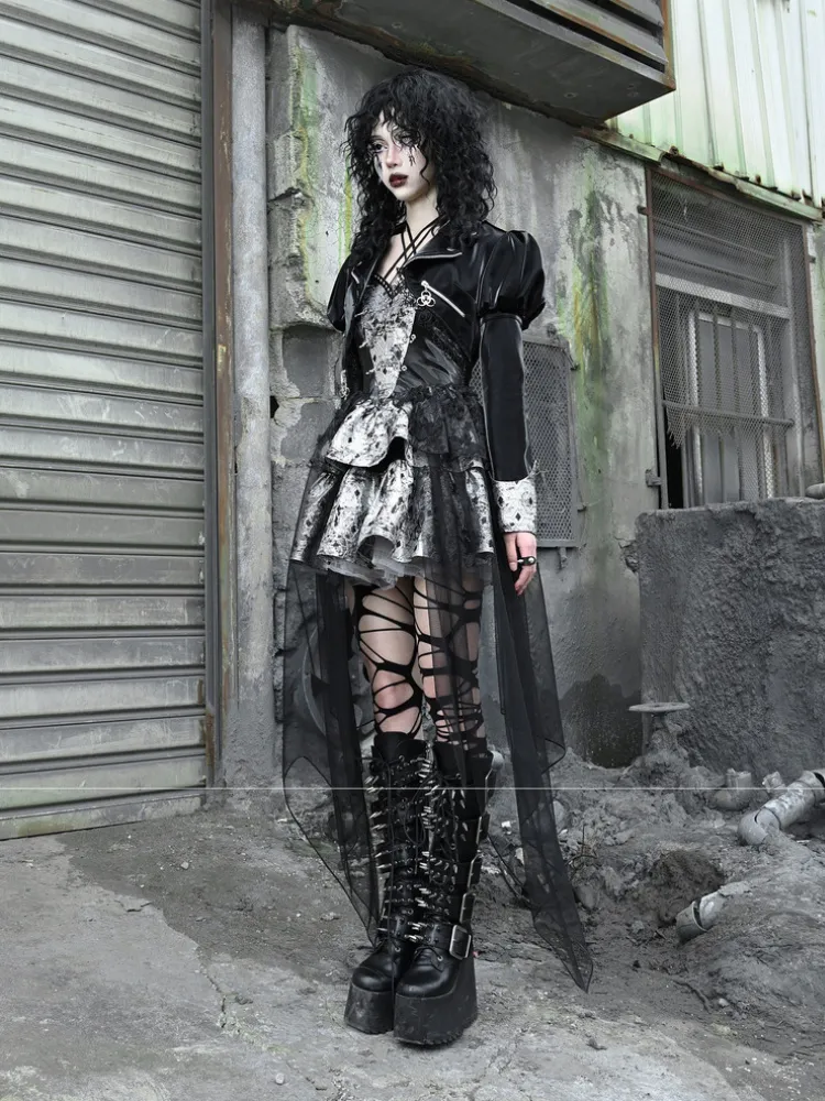 Gothic Punk Cropped Leather Jacket with Puff Shoulders and Lace Trim