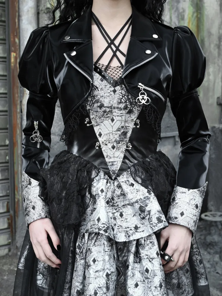 Gothic Punk Cropped Leather Jacket with Puff Shoulders and Lace Trim