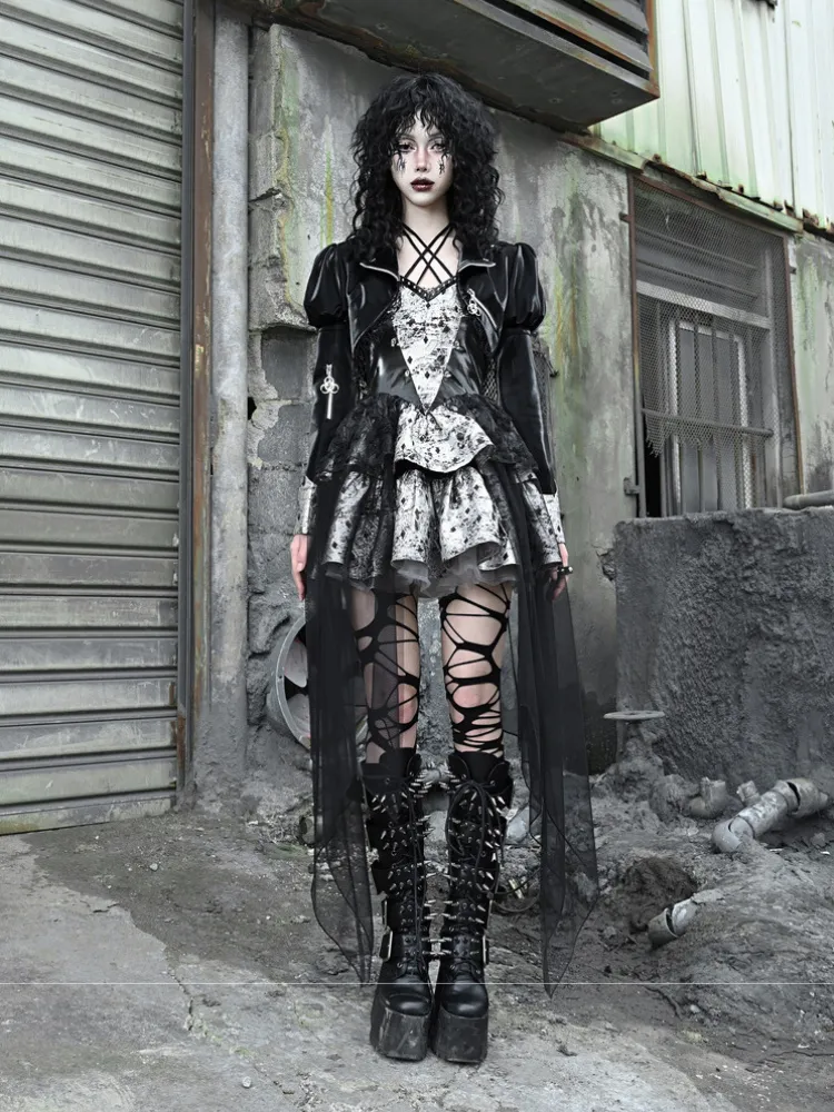 Gothic Punk Cropped Leather Jacket with Puff Shoulders and Lace Trim