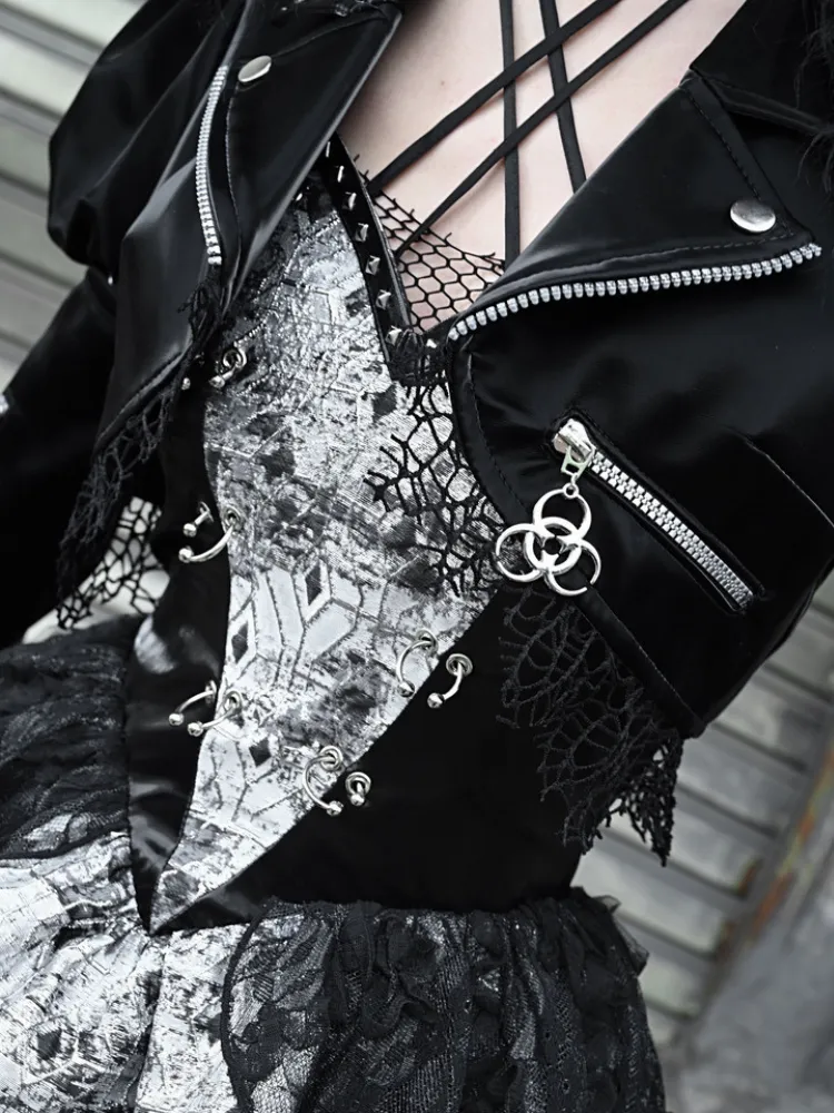 Gothic Punk Cropped Leather Jacket with Puff Shoulders and Lace Trim