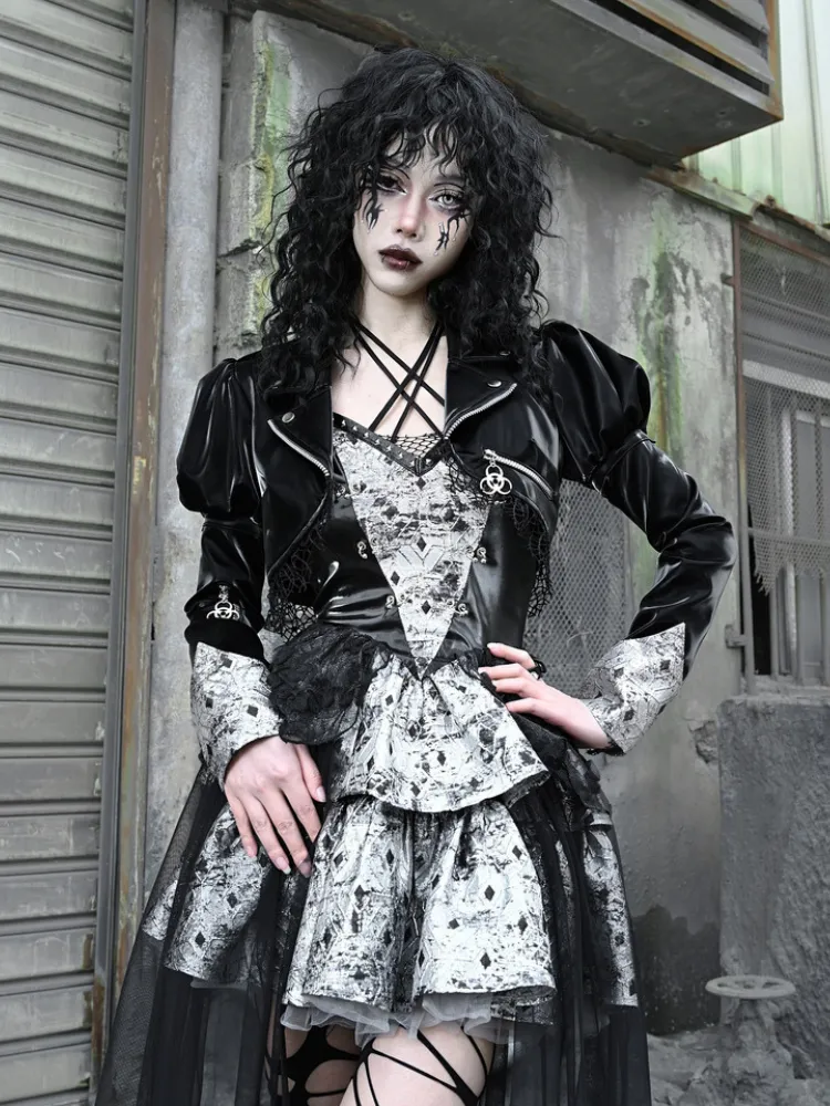 Gothic Punk Cropped Leather Jacket with Puff Shoulders and Lace Trim