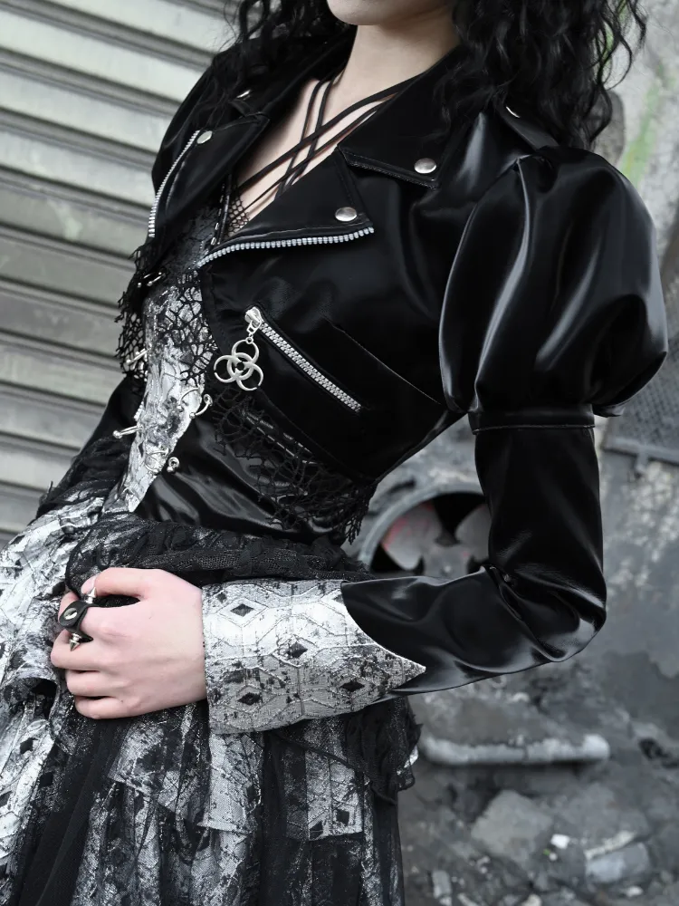 Gothic Punk Cropped Leather Jacket with Puff Shoulders and Lace Trim