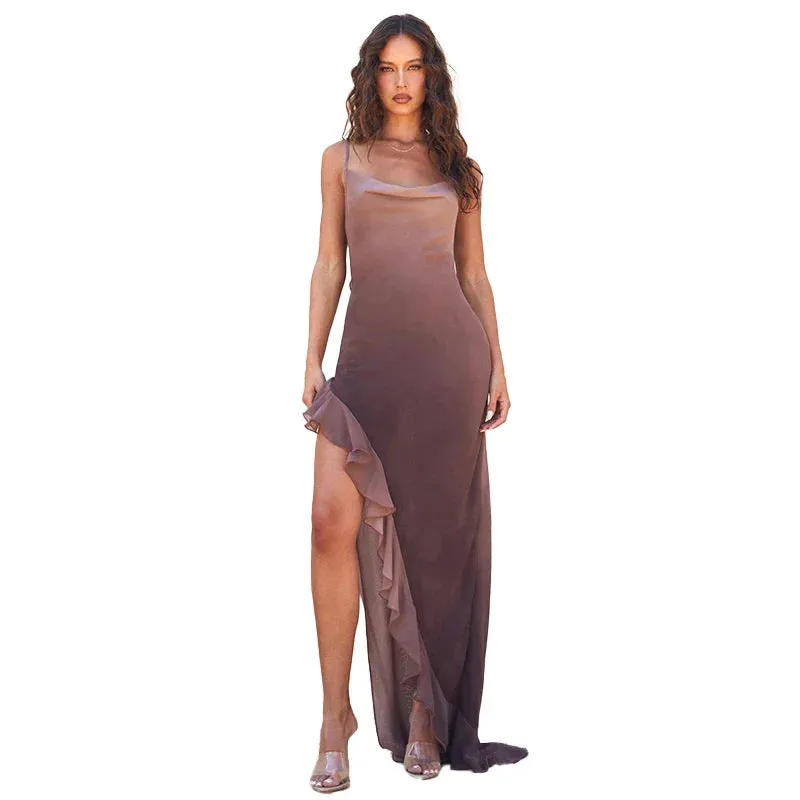 Gradient Print Sleeveless Maxi Vestido Mesh See Through Asymmetrical High Split Wrapped Hip Dress