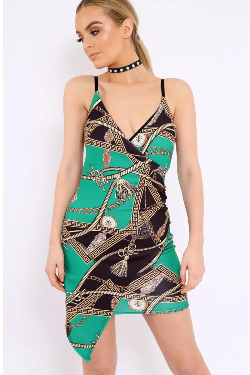 Green Asymmetrical Rope Print Dress - Divina