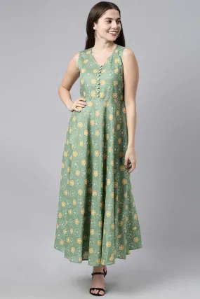 Green Cotton Floral Print Maxi Dress