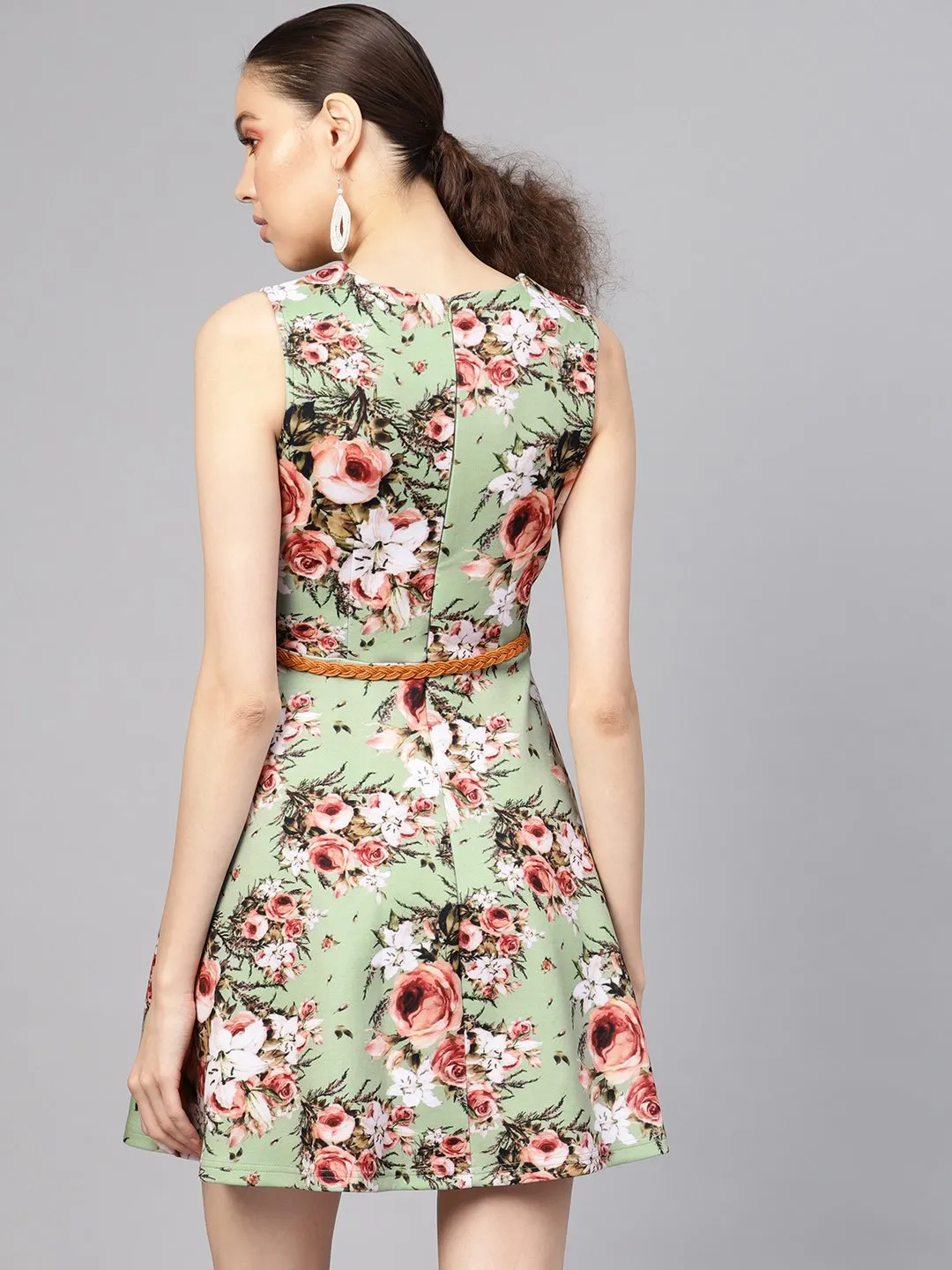 Green Floral Belted Skater Dress