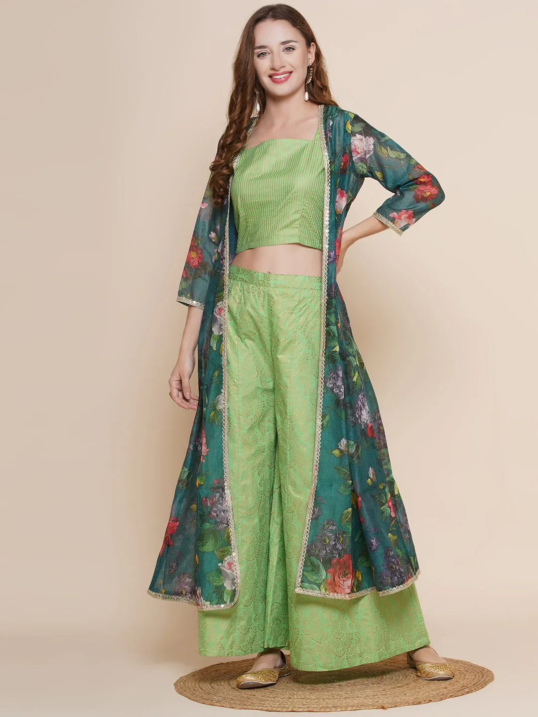 Green Floral printed Jacket, Camisole with Palazzos